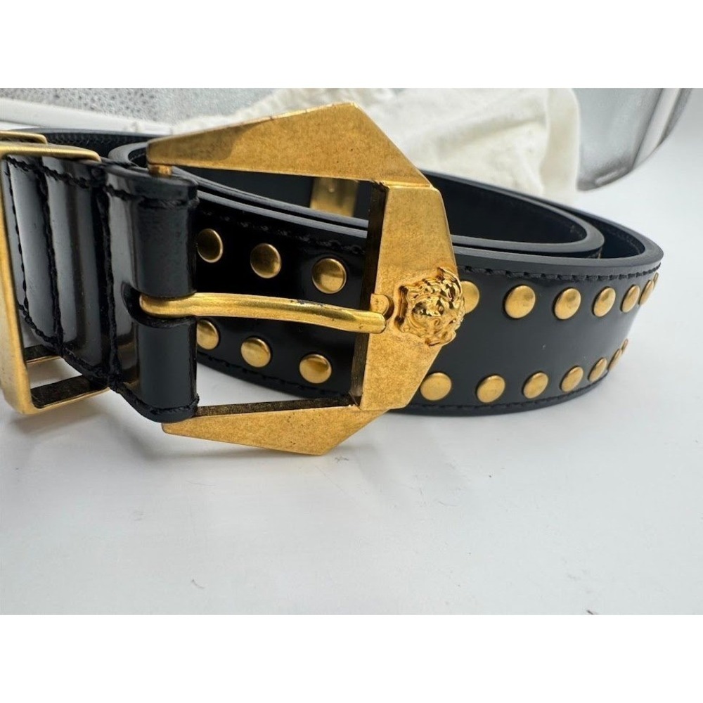 Versace Black Leather Studded Belt Gold Medusa Head Geometric Buckle Waist Belt - Picture 3 of 12